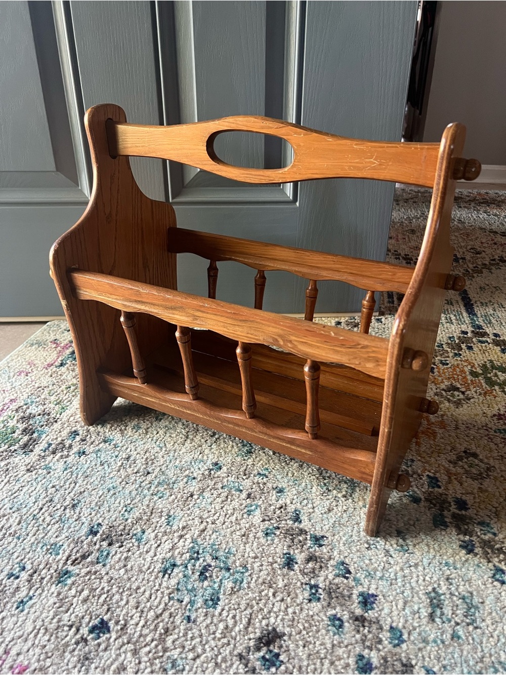 Vintage Small Wooden Magazine Rack Tote in Warm Oak Tone